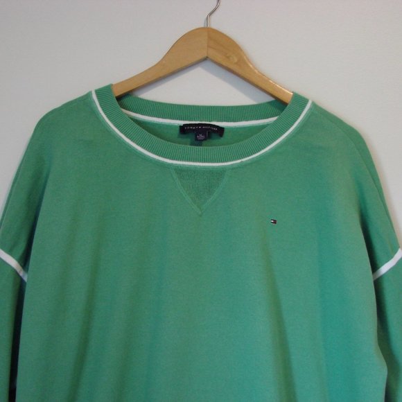 Tommy Hilfiger Green Knit Tunic Sweater Top Sporty White Stripe Rounded Hem XL - Picture 2 of 12